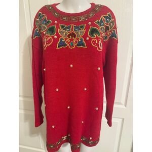 Victoria Jones Vintage Red Beaded Pearl Sweater Tunic Ramie Cotton Womens Medium